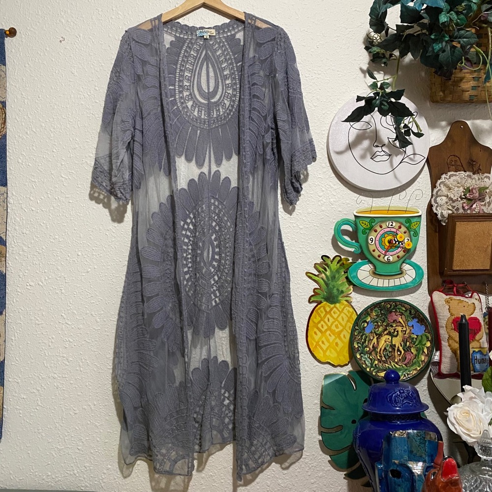 Y2K fairy goth whimsy Rebellion Again Grey Sheer‎ Lace Cardigan Boho Mesh Medium